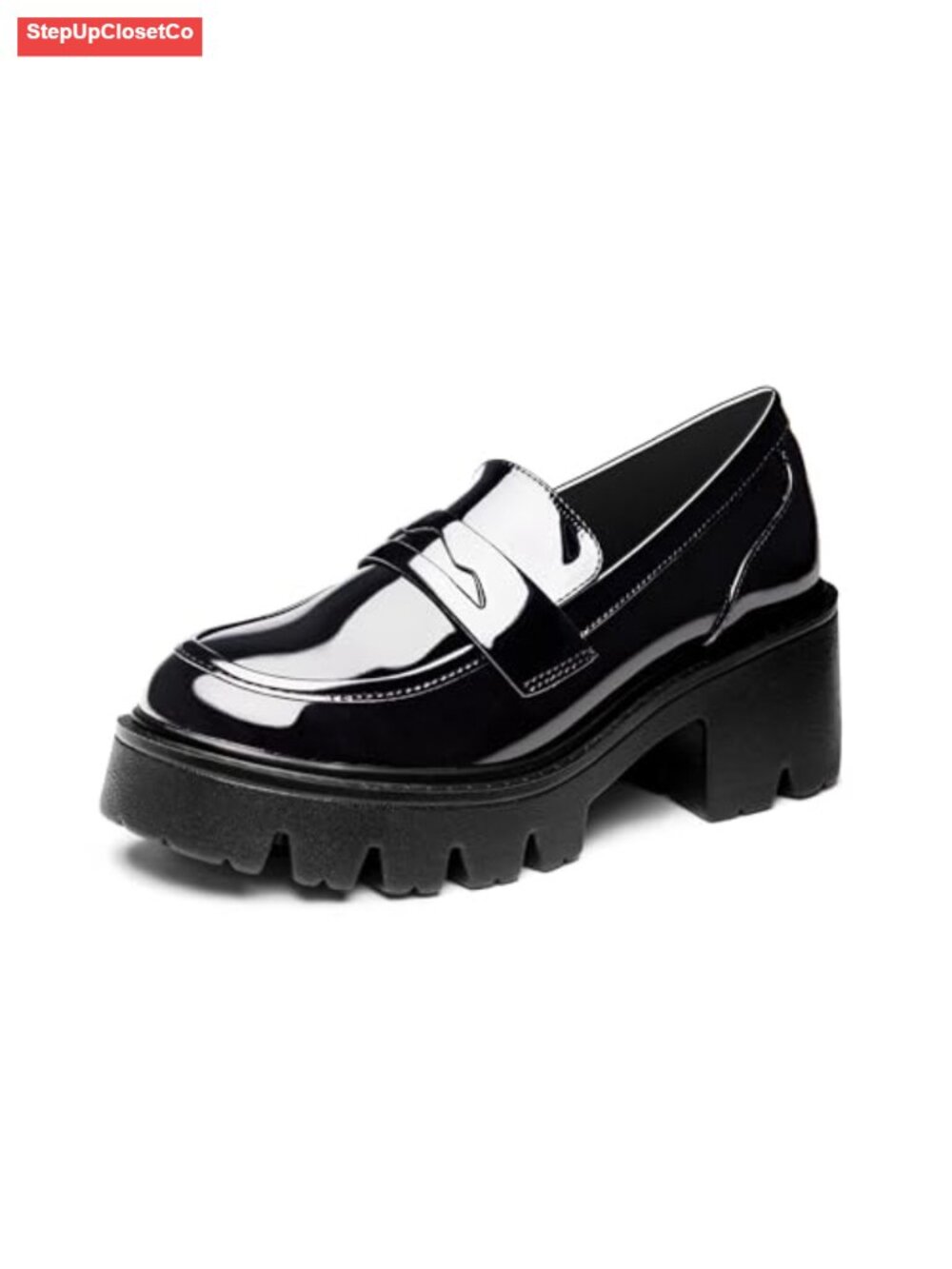 Black Penny Loafers for Women - Slip-On Platform Patent Leather Chunky Shoes